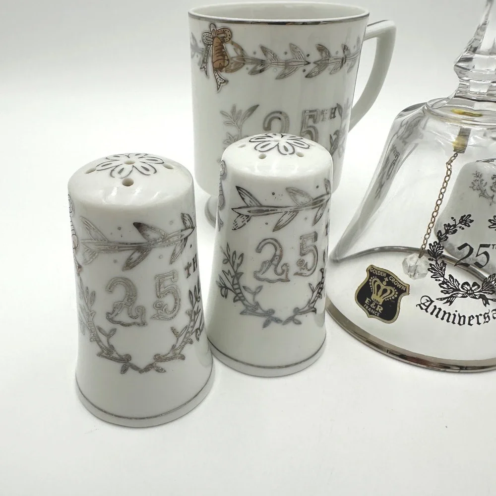 Lefton E&R France 25th Anniversary Porcelain Silver Cup Shakers Crystal Bell